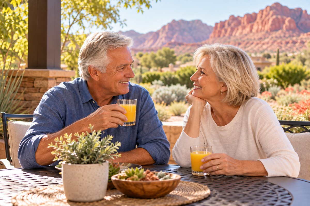 A senior couple enjoying orange juice together