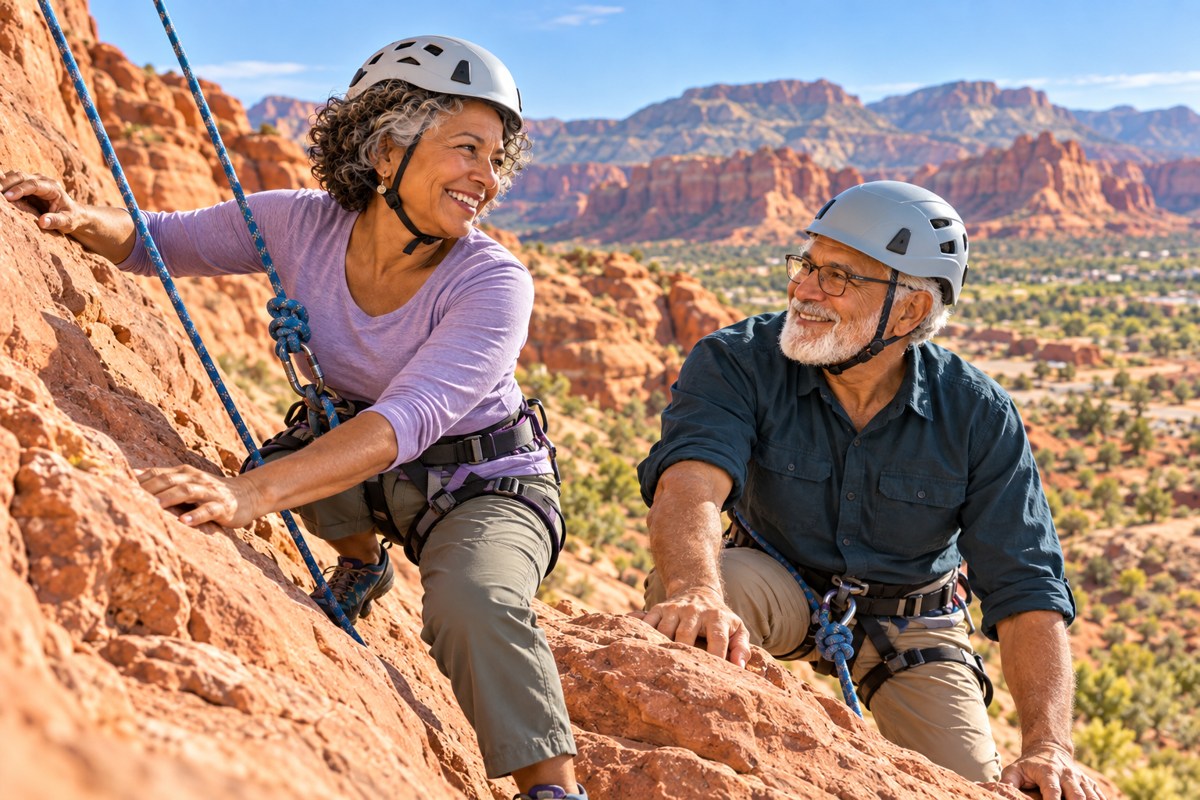 An active senior couple rock climbing among Southern Utah red rocks